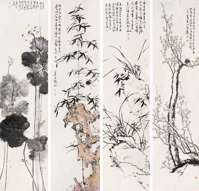 霍春阳 花鸟 四屏